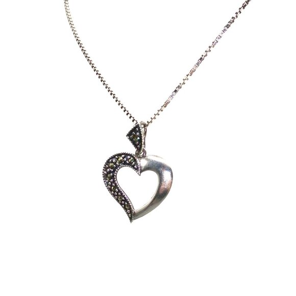 Vintage Sterling Silver Marcasite Heart Pendant Necklace, 925 SU Half Jeweled - Picture 4 of 5